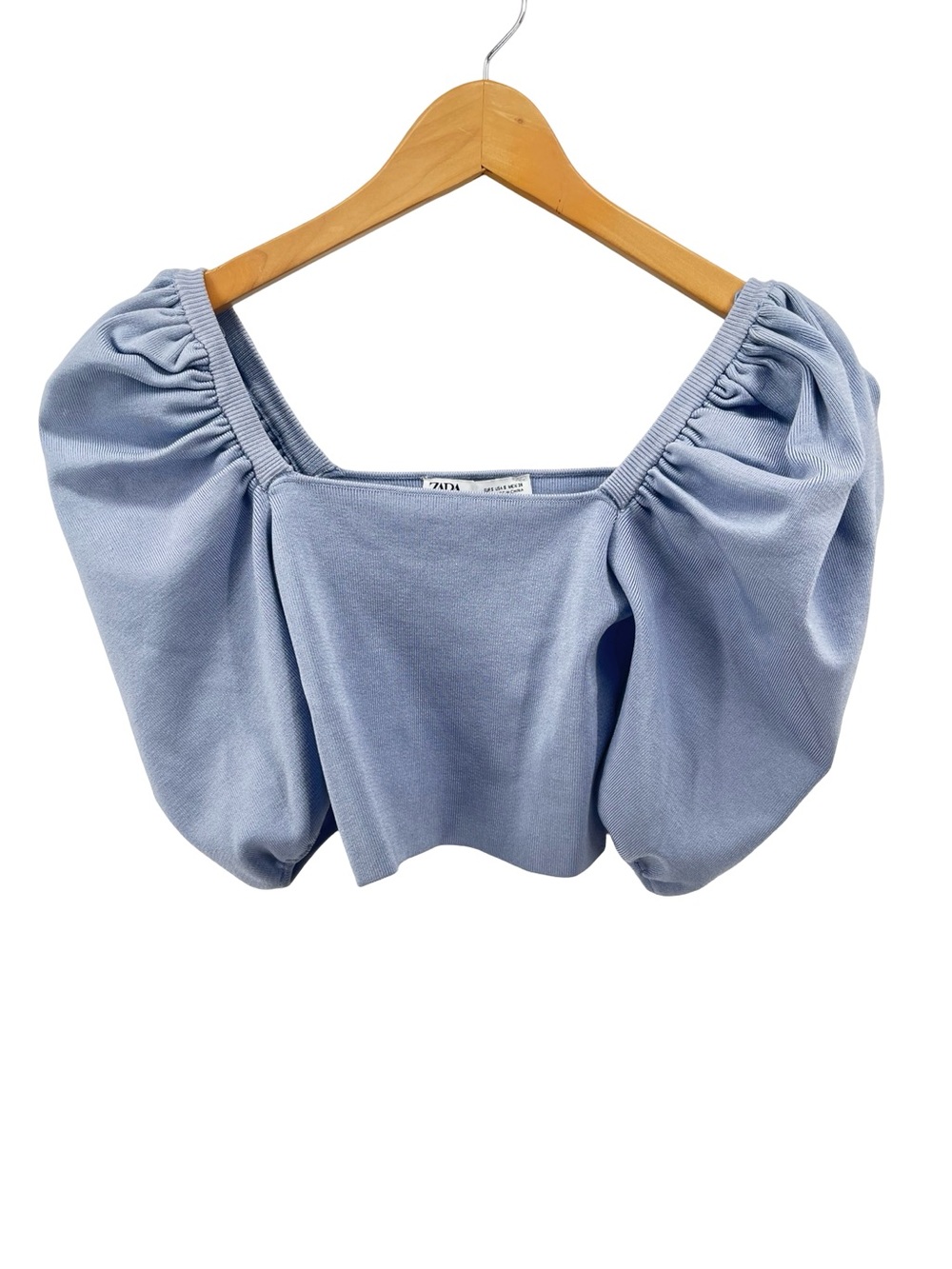 Zara Puff Sleeve Ribbed Crop Top Blue Sheen Knit Size Small - Picture 2 of 7